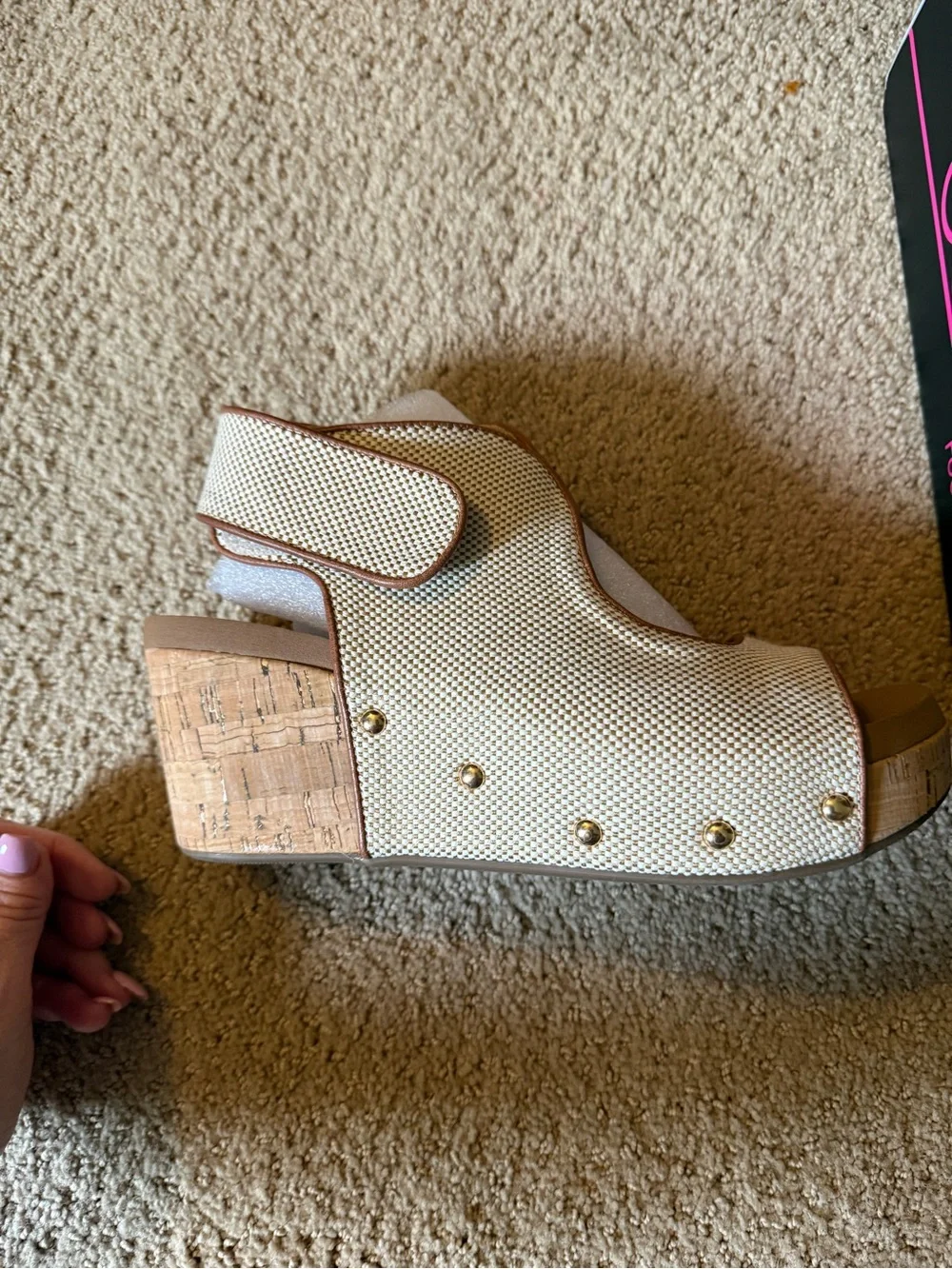 Cream Woven Cork Wedge Sandals with Stud Accents